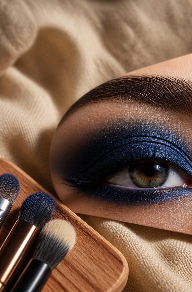Close-up of navy blue eyeshadow applied to a model's eyelid.