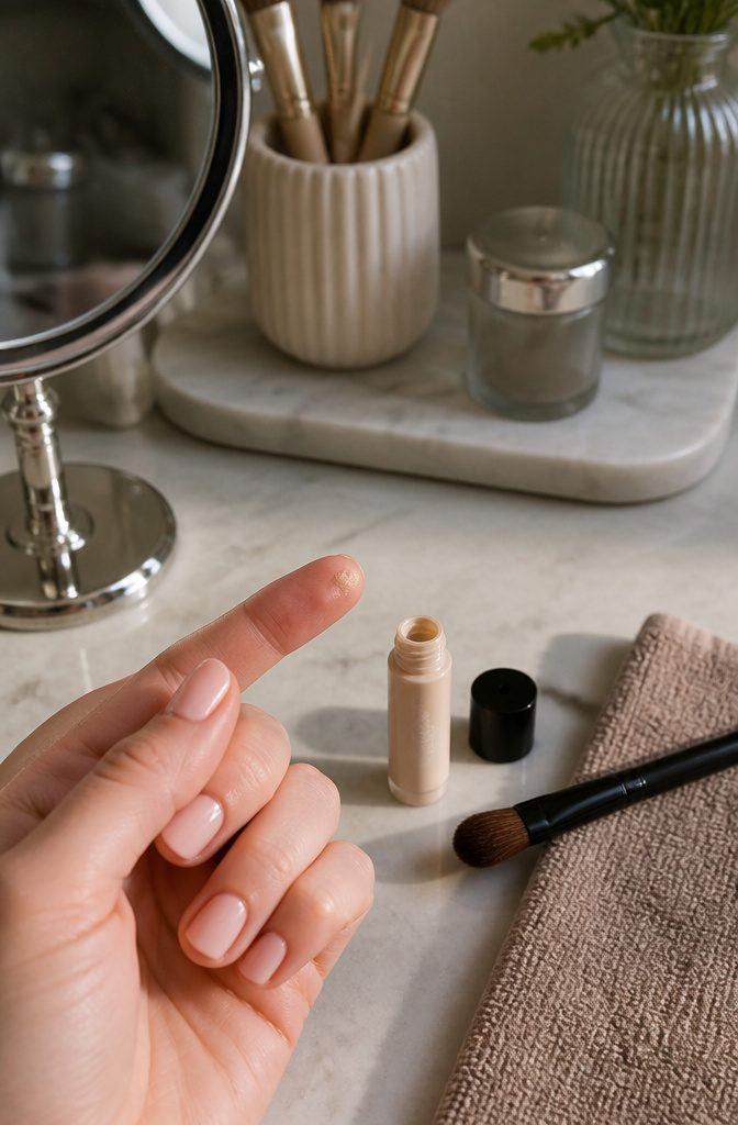 Close-up of a smooth eyelid with a nude eyeshadow base.