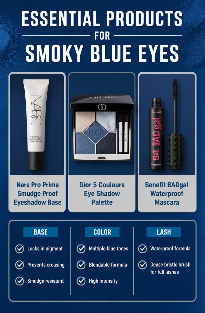 Three beauty products essential for blue smokey eye makeup.