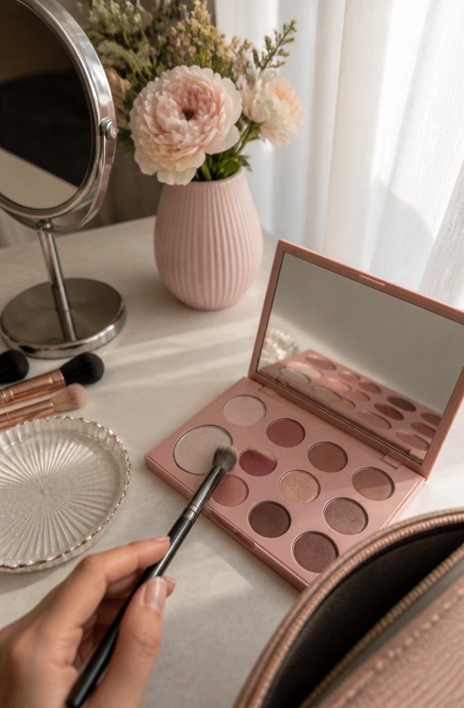 A model with everyday eyeshadow in muted roses and mauves.