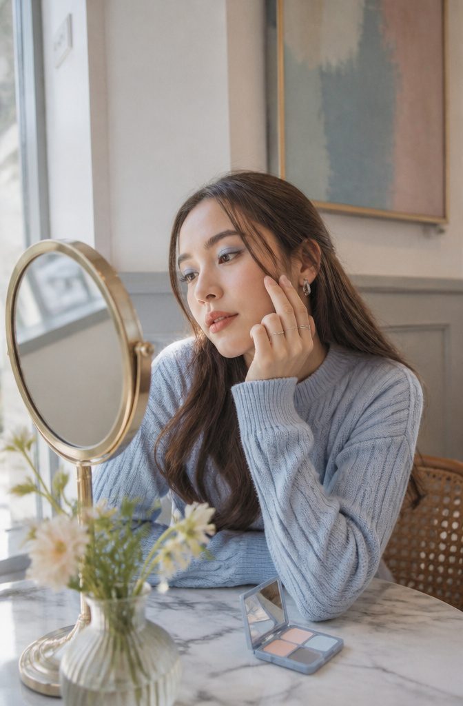 A model with pale blue eyeshadow blended softly in a café.