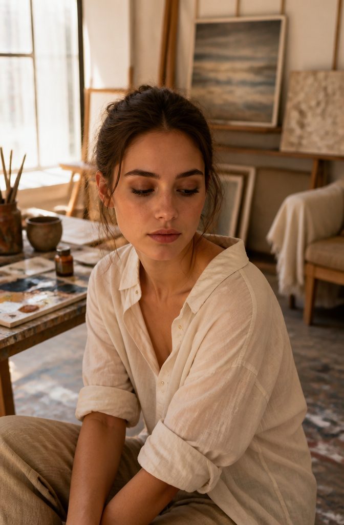 A model with softly diffused smokey eyeshadow in a cozy studio.