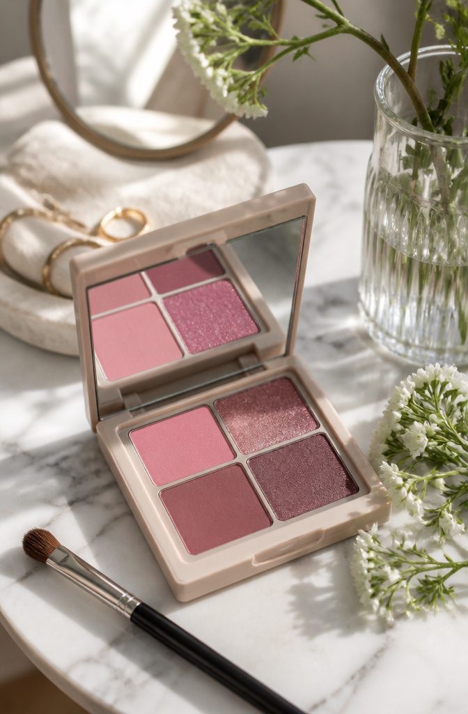 A model showcasing soft pink eyeshadow in a bright setting.