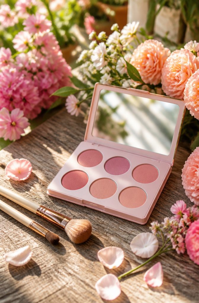 Colourpop Blush Crush palette displayed on a wooden table with flowers.