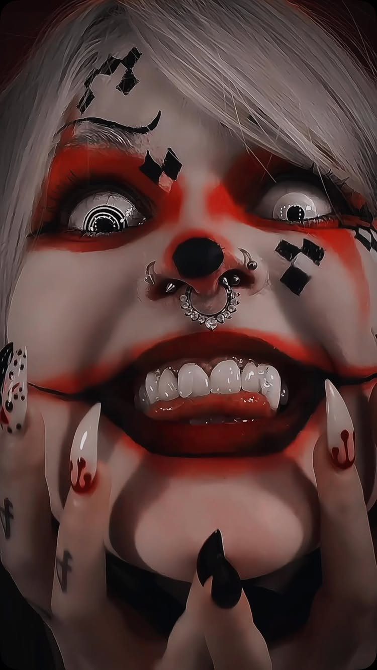 Person with creepy clown makeup, red accents, spiral eyes, and vampire fangs.