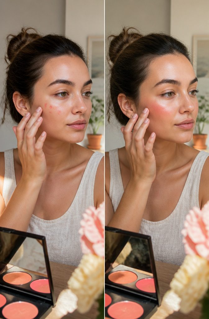 Subject applying cream blush to the tops of their cheekbones.