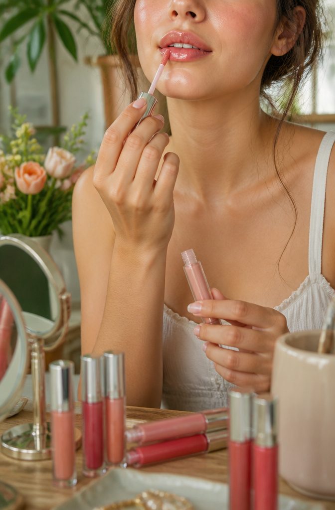 Subject applying a sheer gloss to their lips for a warm finish.