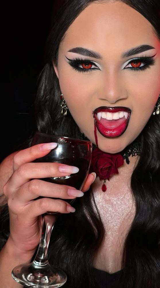 Vampire Eye Makeup Ideas: 8 Looks for Halloween Night 4 Woman with glam vampire makeup, red eyes, fangs, and a glass of red wine.