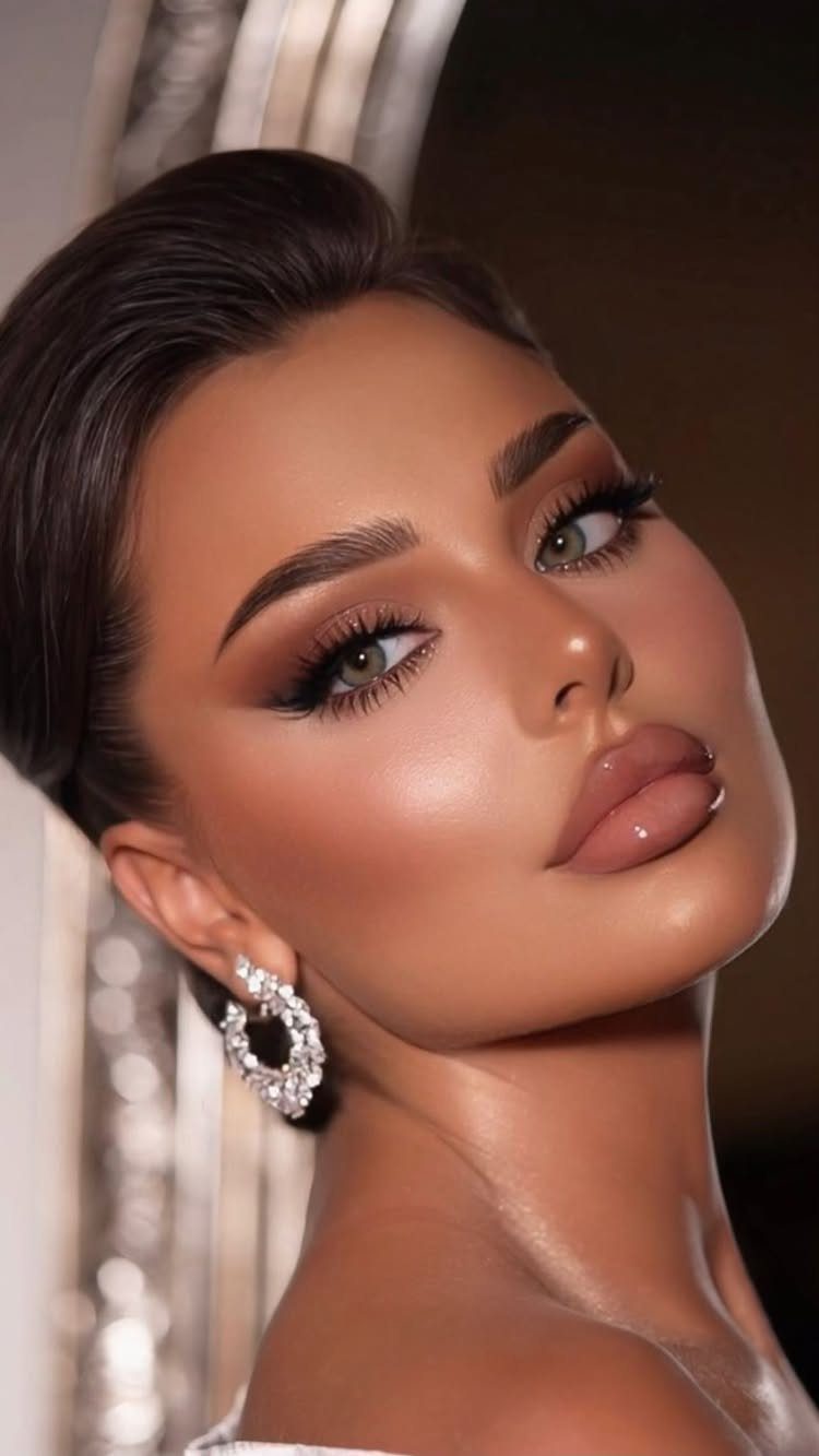 Woman with blue-green eyes wearing glamorous wedding makeup and sparkling silver earrings.